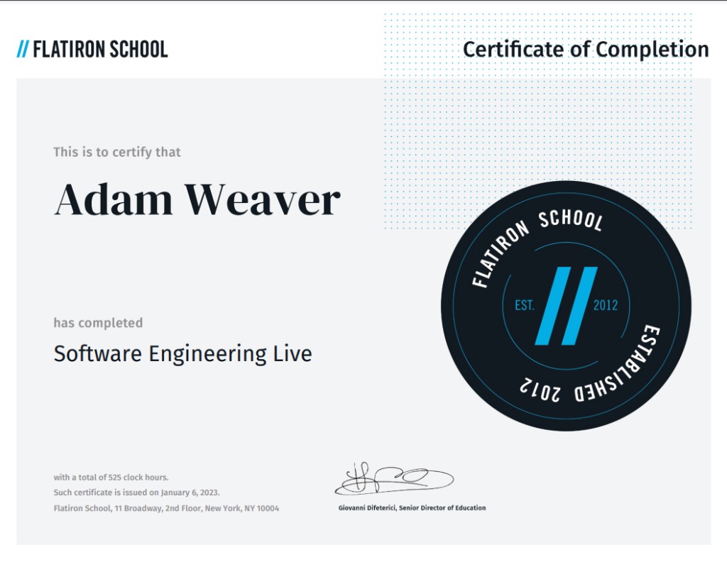 Flatiron School certificate of completion for Adam Weaver, Software Engineering Live, issued January 6, 2023.